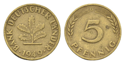 ФРГ 5 пфеннигов 1949 D KM 102, J. 377 сталь плакированная латунью 4685-361