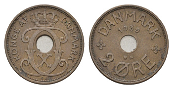 Дания 2 эре 1939 N, Кристиан X (1912-1947) KM 827 бронза 4701-914