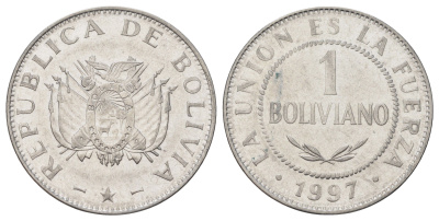Боливия 1 боливиано 1997 KM 205 нержавеющая сталь 4172-224