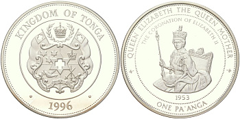 Тонга 1 паанга 1996 Коронация Королевы Елизаветы II - 1953 KM 177 серебро PROOF 11-087-31