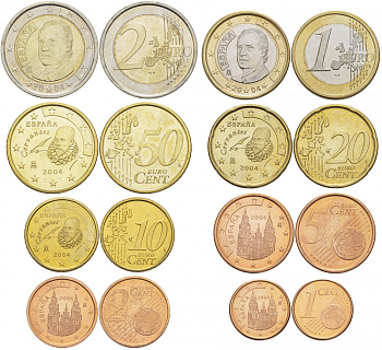 Испания полный евронабор из 8 монет 2004 1, 2, 5, 10, 20, 50 евроцентов, 1 и 2 евро KM 1040, 1041, 1042, 1070, 1071, 1072, 1073, 1074 4686-211-218