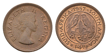 ЮАР 1/4 пенни (фартинг) 1957 Елизавета II (1952-2022) KM 44 бронза UNC 4690-1039