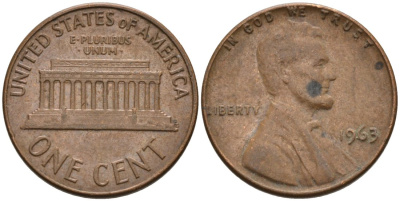 США 1 цент 1963 Линкольн KM 201 медь цинк 4564-419