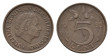 Нидерланды 5 центов 1953 Юлиана (1948-1980) KM 181 бронза 4685-114