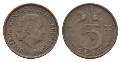 Нидерланды 5 центов 1953 Юлиана (1948-1980) KM 181 бронза 4685-114