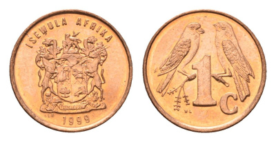 ЮАР 1 цент 1999 герб, капские воробьи KM 170 сталь плакированная медью UNC 4694-242