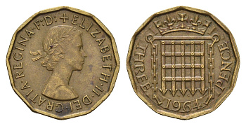 Великобритания 3 пенса 1964 Елизавета II (1952-2022) KM 900, Spink 4153 никель латунь 85-1135