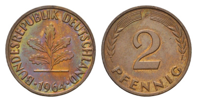 ФРГ 2 пфеннига 1964 F KM 106, J. 381 бронза 4564-1065