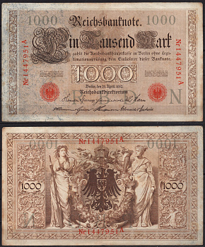 Германия 1000 марок 1910 Pick 45 b бумага 2192-86-1-1