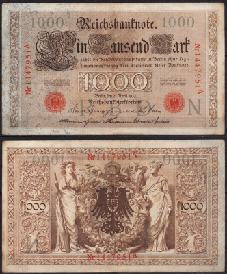 Германия 1000 марок 1910 Pick 45 b бумага 2192-86-1-1
