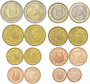 Испания полный евронабор из 8 монет 2005 1, 2, 5, 10, 20, 50 евроцентов, 1 и 2 евро KM 1040, 1041, 1042, 1070, 1071, 1072, 1073, 1074 4686-221-228