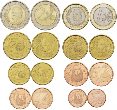 Испания полный евронабор из 8 монет 2005 1, 2, 5, 10, 20, 50 евроцентов, 1 и 2 евро KM 1040, 1041, 1042, 1070, 1071, 1072, 1073, 1074 4686-221-228