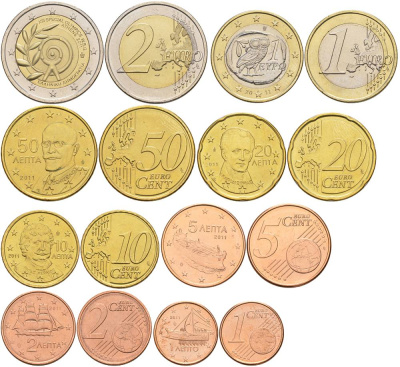 ГРЕЦИЯ ЕВРОНАБОР ИЗ 8 МОНЕТ 2011 1, 2, 5, 10, 20, 50 ЕВРОЦЕНТОВ, 1 И 2 ЕВРО UNC 181-1251