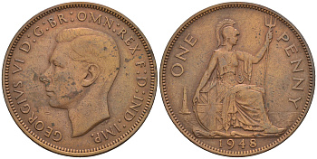 Великобритания 1 пенни 1948 Георг VI (1936-1952) KM 845, Spink 4114 бронза 4112-744