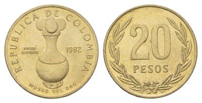 Колумбия 20 песо 1982 KM 271 алюминиевая бронза UNC 4693-122