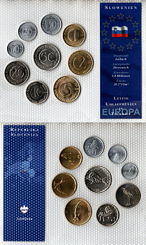 Словения набор из 9 монет (10, 20 и 50 стотинов; 1, 2 , 5, 10, 20 и 50 толаров) 1992, 1993, 1996, 2000, 2004, 2005 и 2006 в красочной упаковке с информацией о стране KM 3, 4, 5, 6, 7, 8, 41, 51 и 52 UNC 2-6-3-104