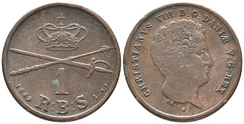 Дания 1 риксбанкскиллинг 1842 FF, Кристиан VIII (1839-1848) KM 726.1 (С120.1) медь 34-536
