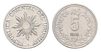 Уругвай 5 новых песо 1989 KM 92 нержавеющая сталь UNC 4685-547
