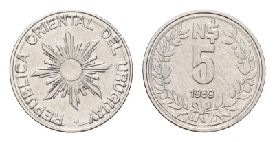 Уругвай 5 новых песо 1989 KM 92 нержавеющая сталь UNC 4685-547