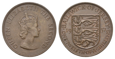 Джерси 1/12 шиллинга 1957 Елизавета II (1952-2022) KM 21 бронза 4178-914