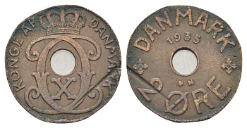Дания 2 эре 1935 N, Кристиан X (1912-1947) KM 827 бронза 4701-817