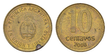 Аргентина 10 сентаво 2008 KM 107a сталь плакированная латунью 4679-146