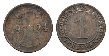 Германия 1 рейхспфенниг 1924 J KM 37, J.313 бронза 4684-1131