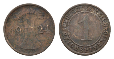 Германия 1 рейхспфенниг 1924 J KM 37, J.313 бронза 4684-1131