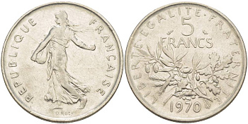 Франция 5 франков 1970 сеятель, тип Semeuse KM 926a.1, Le Franc 341.2 медно-никель плакированный никелем 4545-924