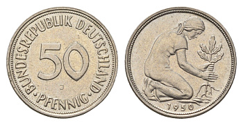 ФРГ 50 пфеннигов 1950 J KM 384, KM 109.1 медно-никель 4684-245