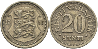 Эстония 20 центов 1935  Республика (1928-1940) KM 17 никель бронза 25-1217