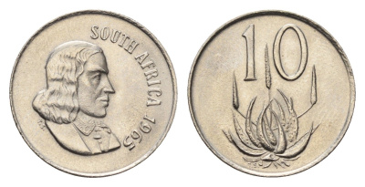 ЮАР 10 центов 1965 Ян ван Рибек (1619-1677), South Africa, легенда на африкаанс, цветок алоэ KM 68.1 никель UNC 4690-1048