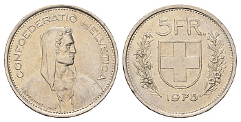 Швейцария 5 франков 1975 KM 40a.1 медно-никель 4536-736