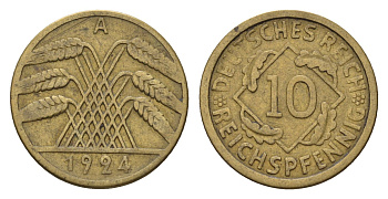 Германия 10 рейхспфеннигов 1924 A KM 40, J. 317 алюминиевая бронза 4684-223