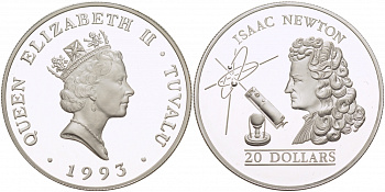 Тувалу 20 долларов 1993 Исаак Ньютон KM 17 серебро PROOF 11-095-33
