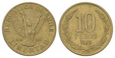 Чили 10 песо 1989 KM 218 латунь 4171-325