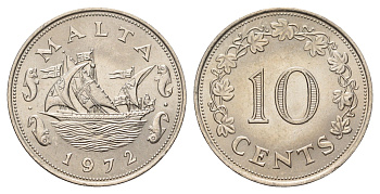 Мальта 10 центов 1972 баржа Великого магистра KM 11 медно-никель UNC 97-816