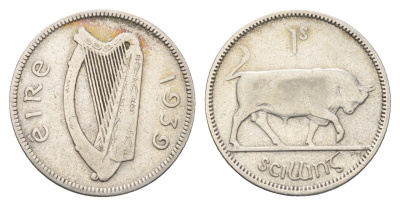 Ирландия 1 шиллинг 1939 бык KM 14 серебро 270-1233