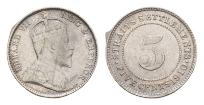 Стрейтс-Сетлментс (Стрейтс Сетлментс) 5 центов 1910 Эдуард VII (1901-1910) KM 20a серебро 1521-742