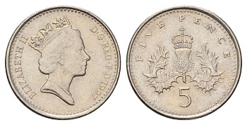 Великобритания 5 пенсов 1997 Елизавета II (1952-2022) KM 937b, Spink 4372 (D4) медно-никель 4682-227