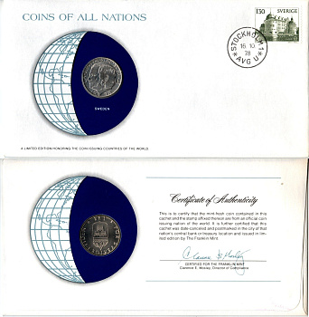 Швеция 1 крона 1978 конверт с маркой первого дня гашения, Coins of Nations KM 852 медь плакированная медно-никелем UNC 4294-43-3