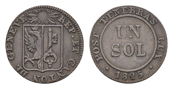 Швейцарские кантоны, Женева 1 соль 1825 год-тип KM 120 серебро 1526-1444