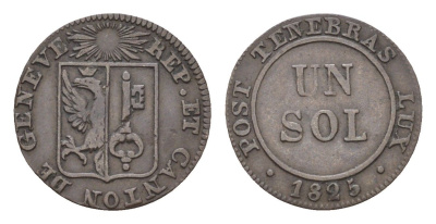 Швейцарские кантоны, Женева 1 соль 1825 год-тип KM 120 серебро 1526-1444