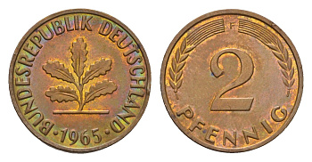 ФРГ 2 пфеннига 1965 F KM 106, J. 381 бронза 214-129