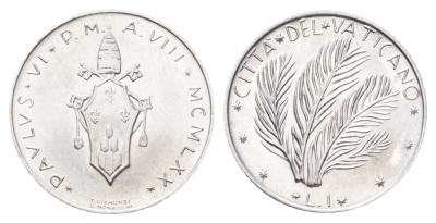 Ватикан 1 лира 1970 MCMLXX KM 116 алюминий UNC 4701-516