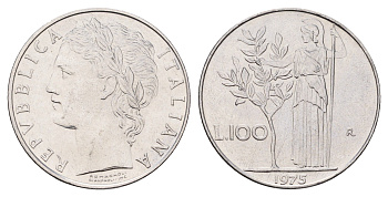 Италия 100 лир 1975 R, Афина в доспехах KM 96.1 нержавеющая сталь 4638-545