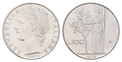 Италия 100 лир 1975 R, Афина в доспехах KM 96.1 нержавеющая сталь 4638-545