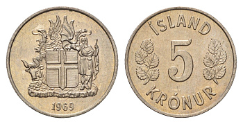 Исландия 5 крон 1969 KM 18 медно-никель UNC 4687-862