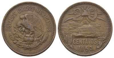 Мексика 20 сентаво 1953 KM 439 бронза 4597-1255