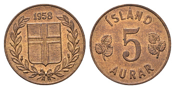 Исландия 5 эйре 1958 редкий год KM 9 бронза aUNC 73-1025